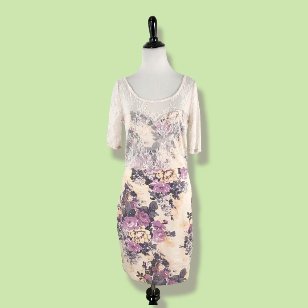 Free People Cream and Purple Floral Mini Dress